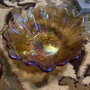 Indiana Carnival Glass, Lily Pons Bowl Amber, 1970s Glassware Sunflower Marigold